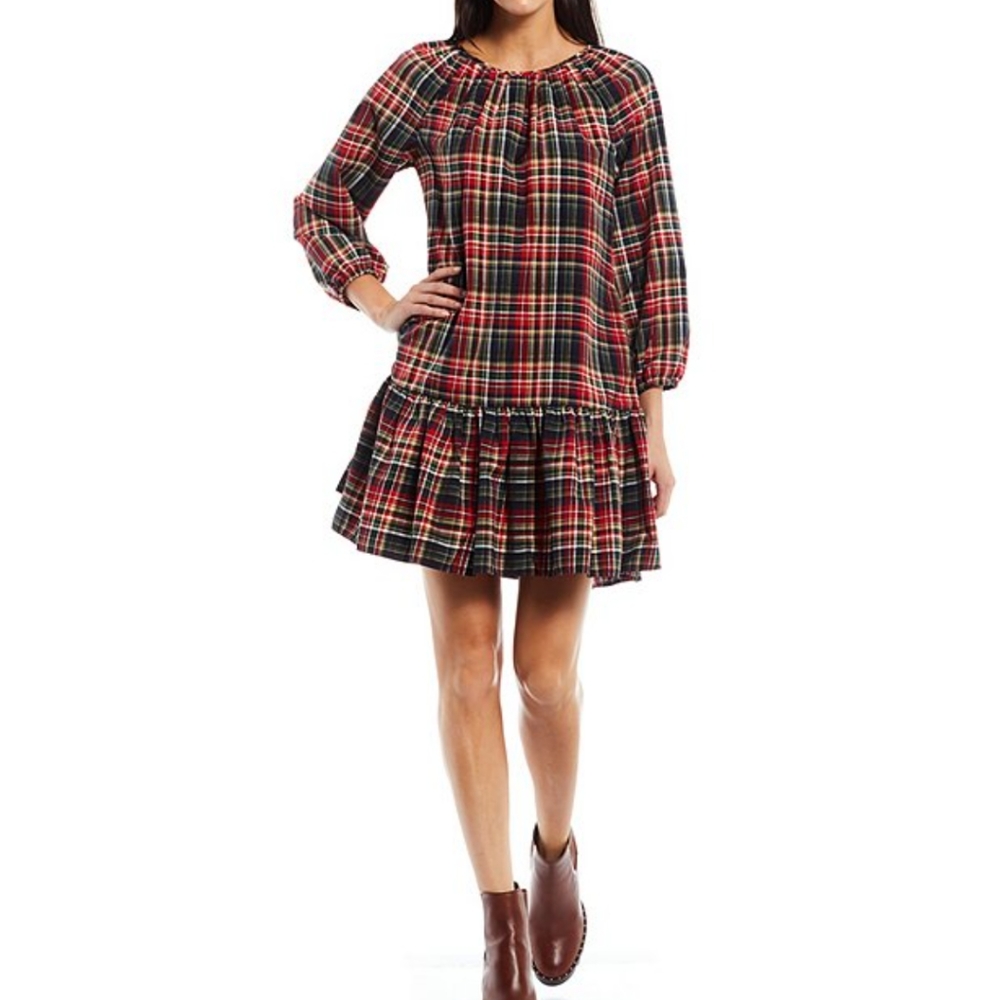 LDT Rachel Plaid Round Neck 3/4 Puff Sleeve Ruffled Poof Swing Dress